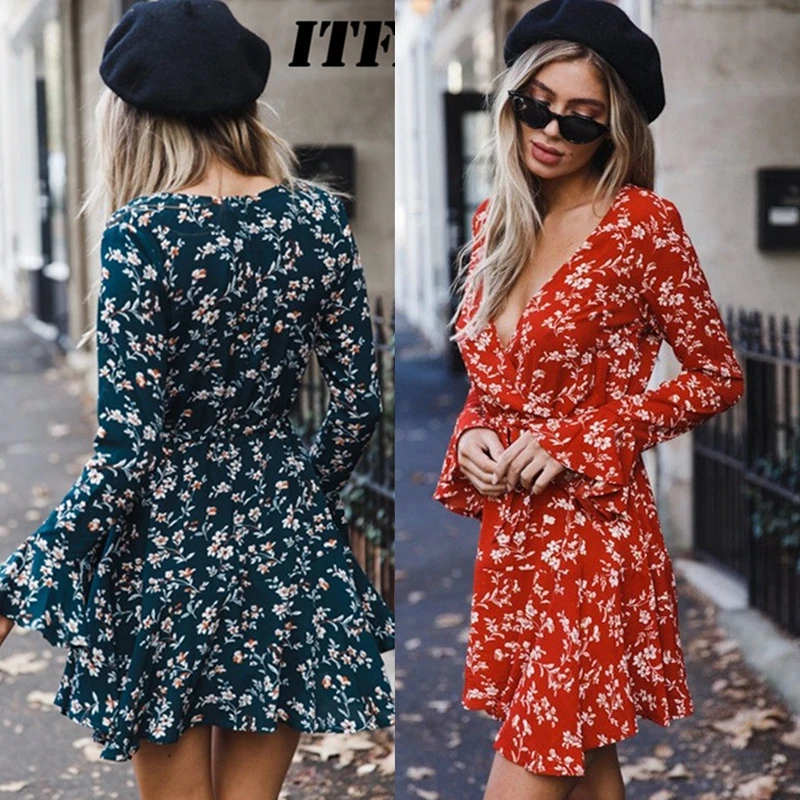 

Women Sexy Long Sleeve Ruffles Evening Party Dress Summer New Vintage V Neck Sundress Beach Printed Flower Loose Short Dresses