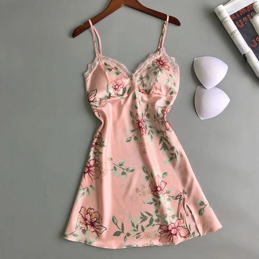 Женская ночная рубашка с цветочным принтом атласная сексуальная шелковое Ночное