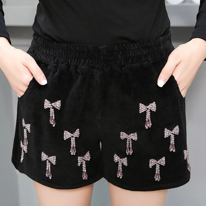 

New Autumn Winter Lower Body Short Boot Pants All-match Elastic Waist Sequins Beading Pockets Casual Corduroy Shorts for Women