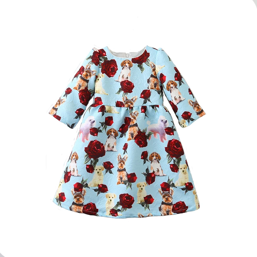 Sundae Angel Girls Dress 2021 Harf Sleeve Print Animal Dog Pattern Spring Autumn Princess Dresses Kids Clothes For 3-8 Years | Детская