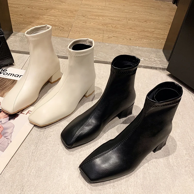 

2020 Winter Women's Boots Women Fashion Short Plush Warm Non-slip Short Boots Mid-heel Thick Heel Square Toe Slip-On