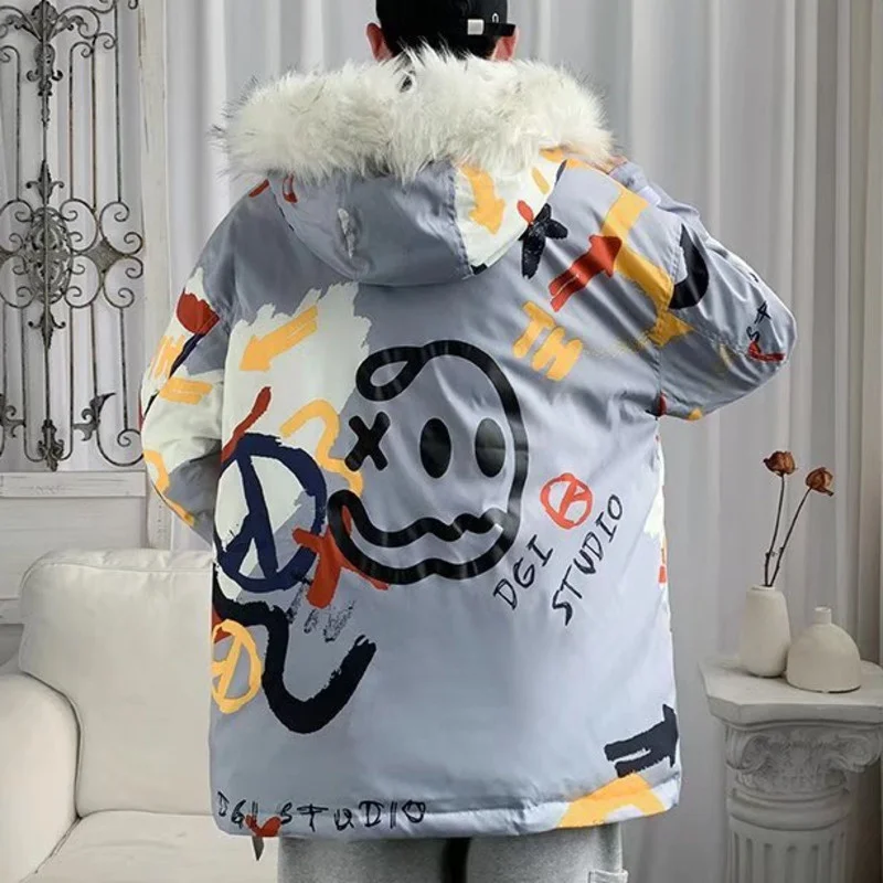 

Hybskr Graffiti Graphic Fashion Parkas Oversized Fake Fur Hooded Men's Cotton Padded Jackets Harajuku Warm Male Winter Coats