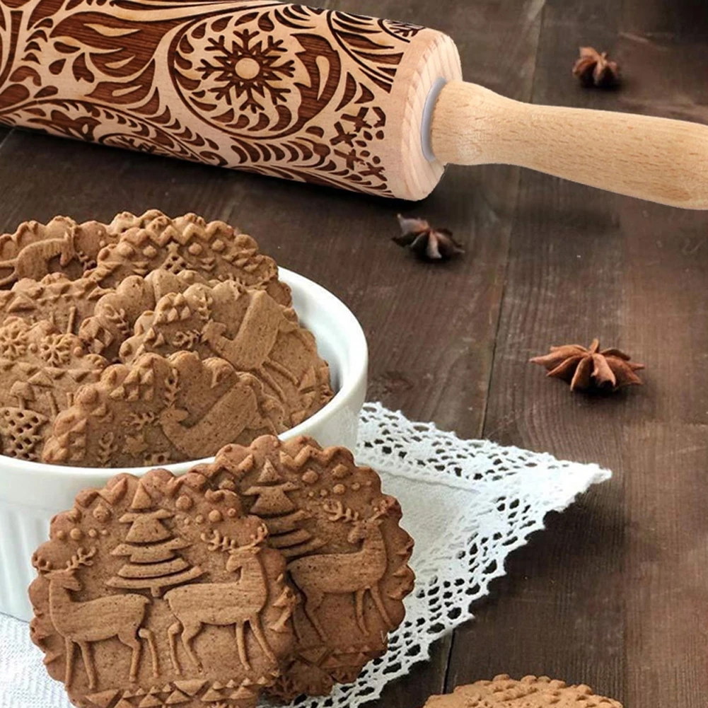 

Leaf Christmas Deer Wooden Rolling Pin Embossing Baking Cookies Noodle Biscuit Fondant Cake Dough Patterned Roller Snowflake