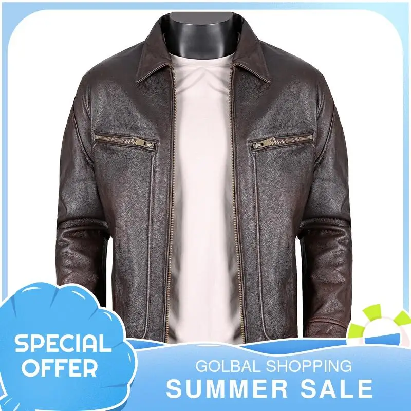 

2021 Vintage Brown American Casual Style Genuine Leather Jacket Men Plus Size 4XL Real Natural Cowhide Slim Fit Autumn Coat