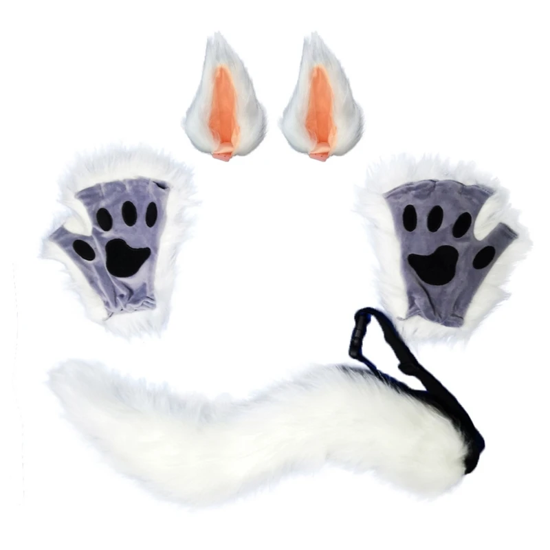 

3 шт. набор аксессуаров для костюма животных из искусственного меха котенок волчьи уши заколки для волос плюшевые перчатки с длинным хвосто...