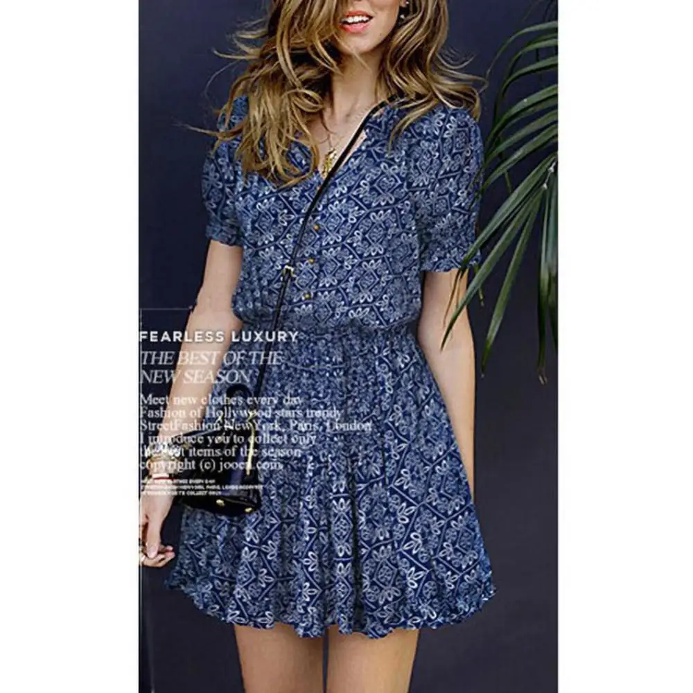 

Casual Dress Women Summer Short Sleeve V Neck Buttons Floral Print Large Hem Mini Dress vestido de mujer платье летнее женское
