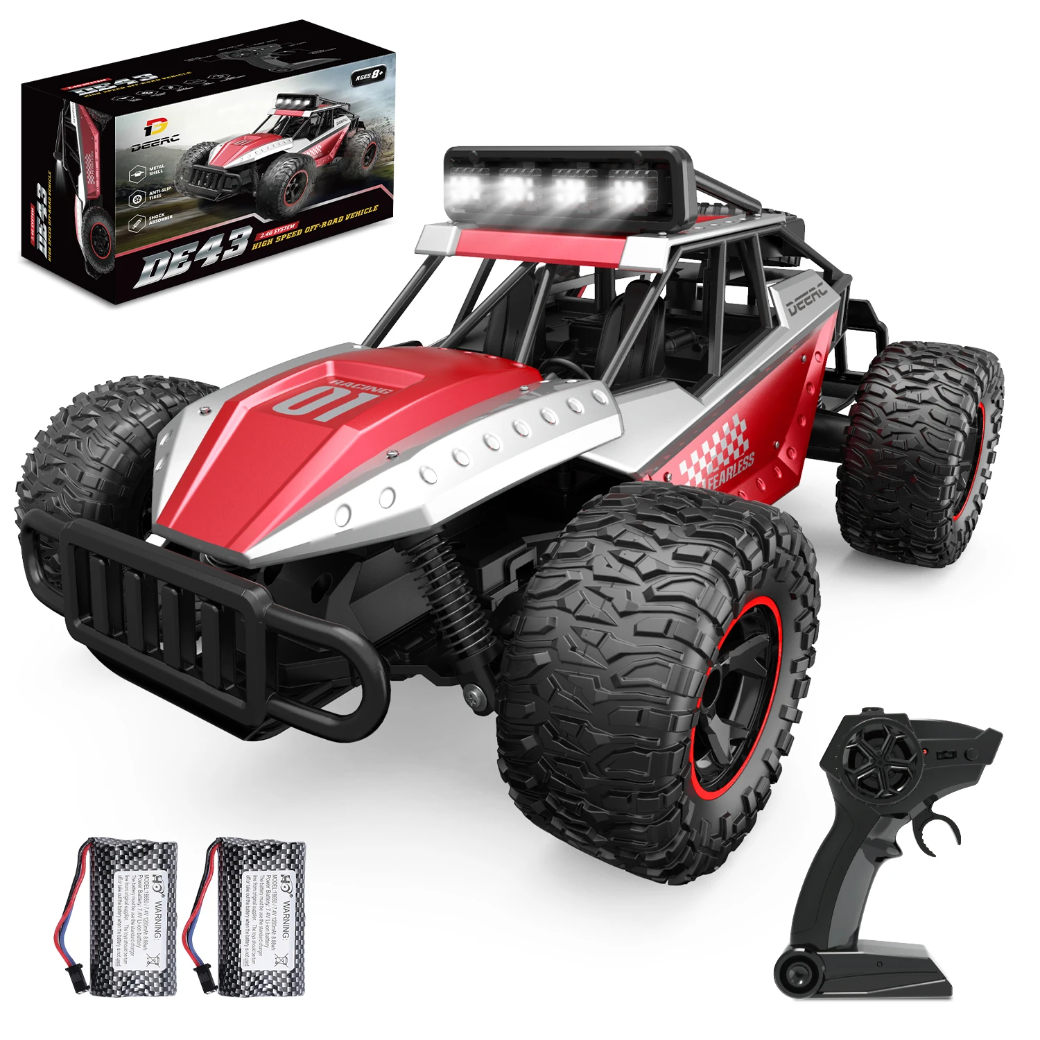 

DEERC DE43 Remote Control Car RC Cars, 1:14 Scale 2.4Ghz All Terrain Metal Shell Monster Hobby Truck with LED Lights& 2 Recharge