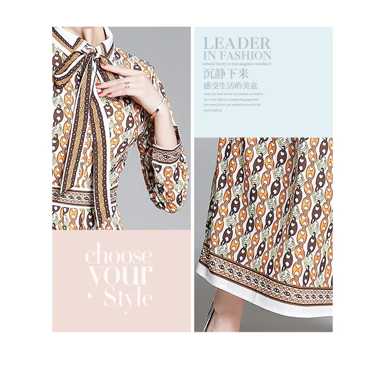 

England Style Design Print Party Slim Maxi Dress Spring/Autumn Turn-down Collar Button Up Elegant Fashion Bow Ribbon Shirt Dress