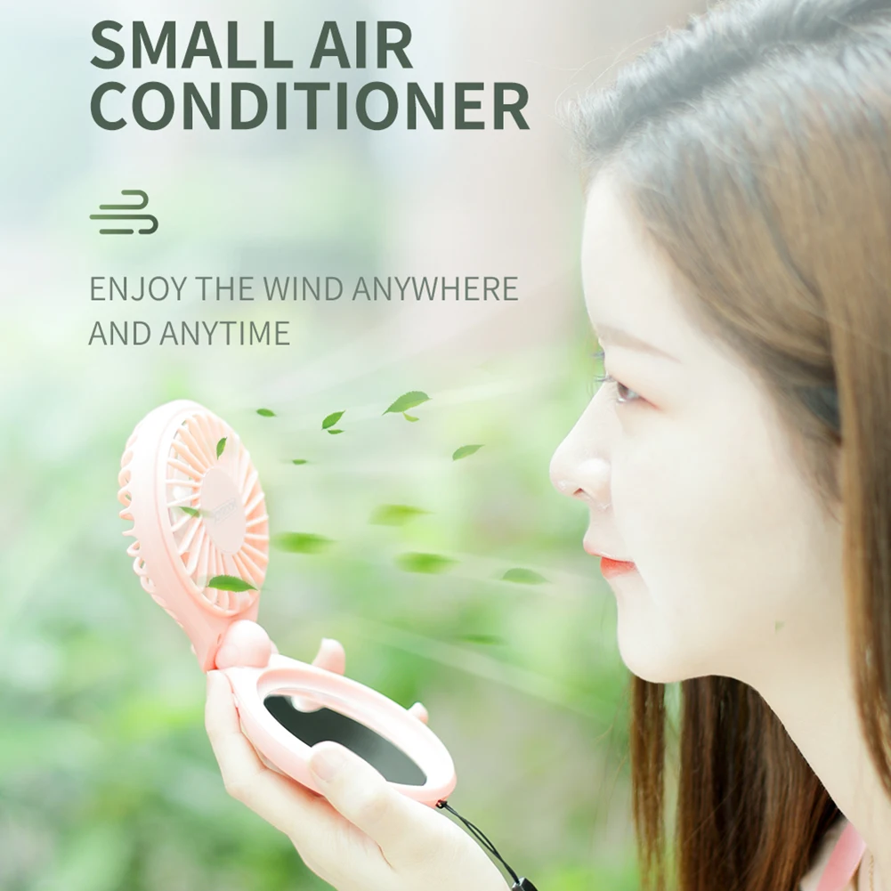 

4 Colors Folding Makeup Mirror With Led Lights And Fan Rechargeable And Multifunctional 3 Speeds Mini Cooling Fan With Lanyard