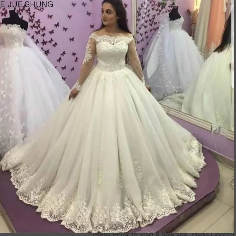 

E JUE SHUNG Lace Appliques off the shoulder Wedding Dresses Long Sleeves Lace Up Back Bridal Gowns vestido de noiva