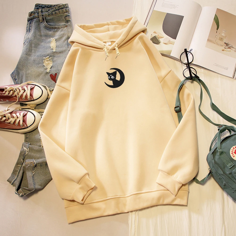 Зимняя теплая уличная Harajuku негабаритных Толстовка для женщин Симпатичные черные