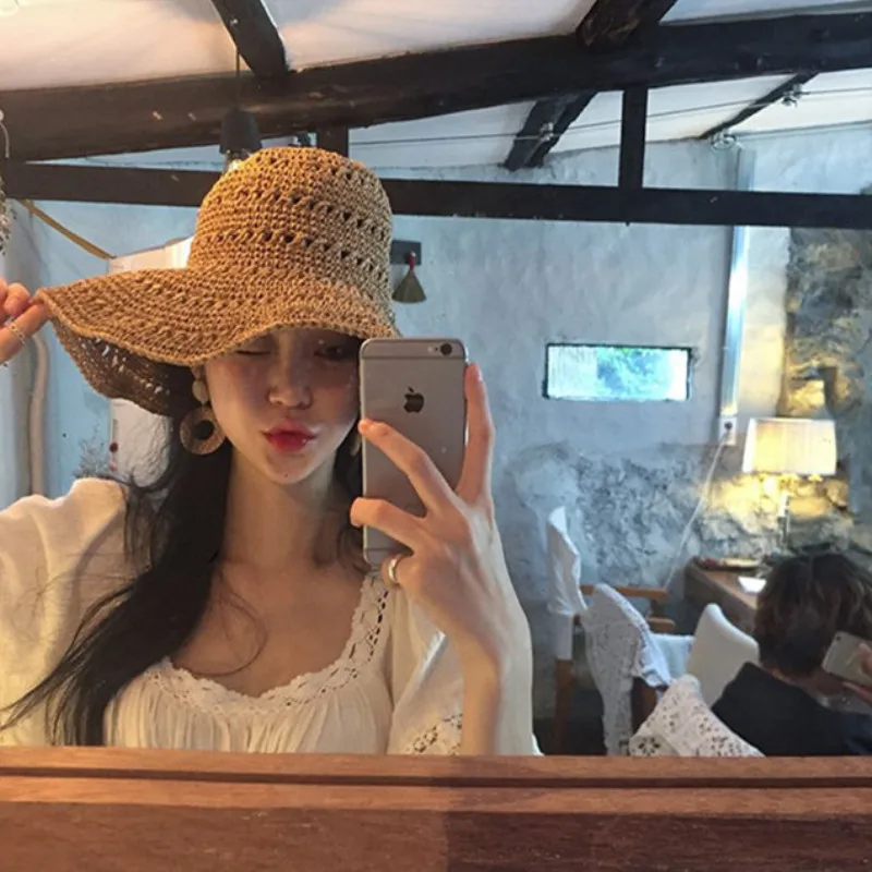 Шляпа женская Соломенная с широкими полями складная пляжная Панама от солнца