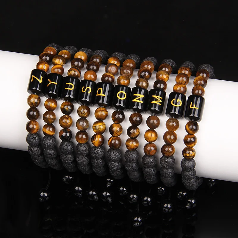 

New 8mm Black Lava Stone Beads Letters Bracelet Natural Tiger Eye Beaded Braided Couples Bracelet for Women Men Yoga Jewelry