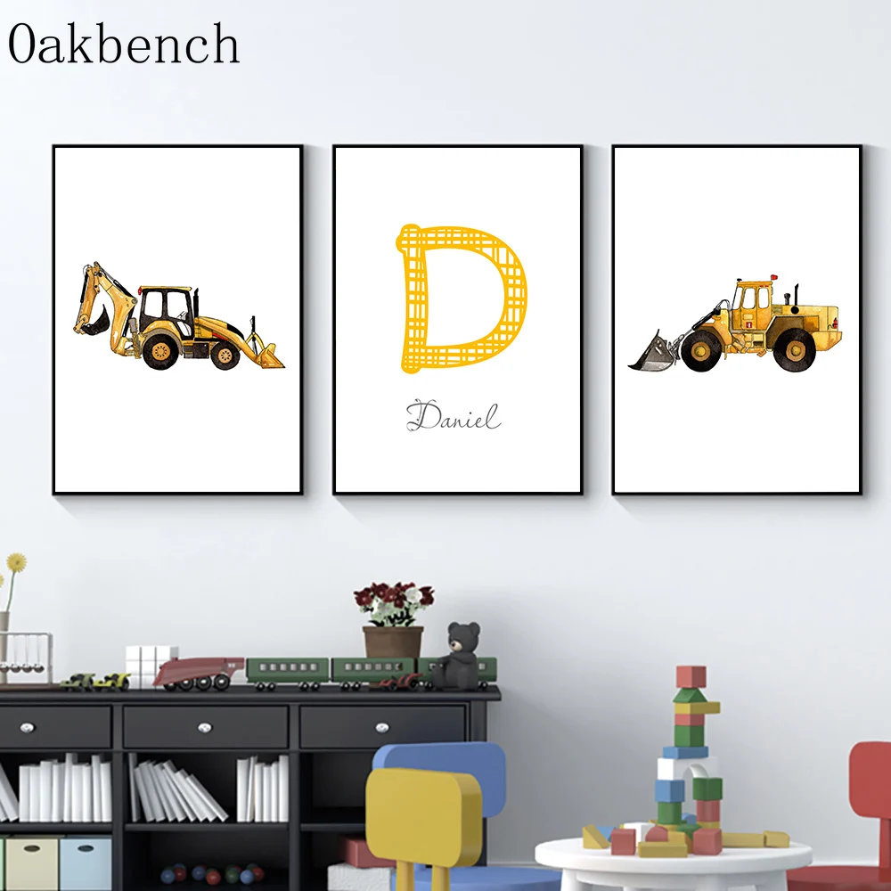 Постер с именем на заказ для мальчика самосвал экскаватор Картина холсте детская