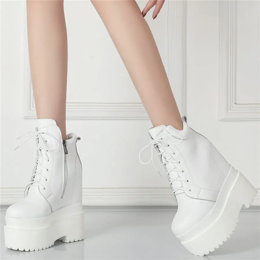 

Wedges High Heel Ankle Boots Women Lace Up Cow Leather Platform Pumps Female High Top Round Toe Fashion Sneakers Casual Shoes