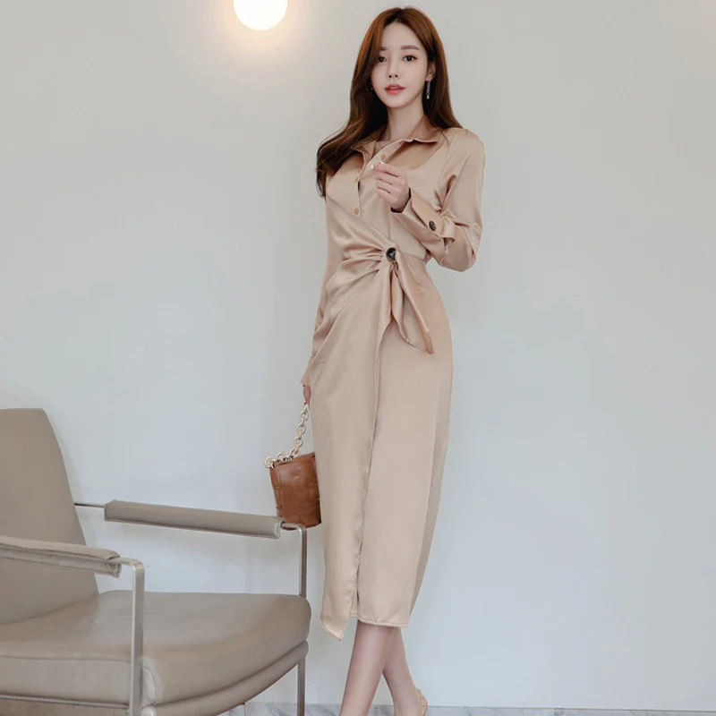 

Fashion Pleated Casual Office Dress Long Sleeve vestidos Business Party Sheath Bodycon Women Pencil Dresses