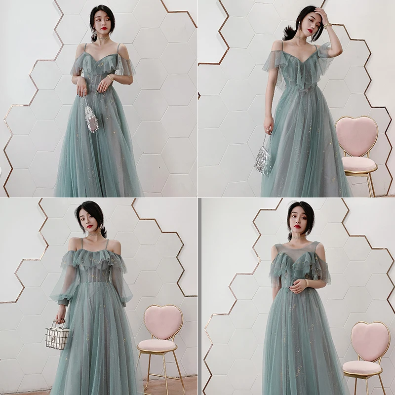 

Elegant Grey Green Spaghetti Strap Off Shoulder A Line Bridesmaid Dress Sexy Backles Bandage Slim Dress For Wedding Party