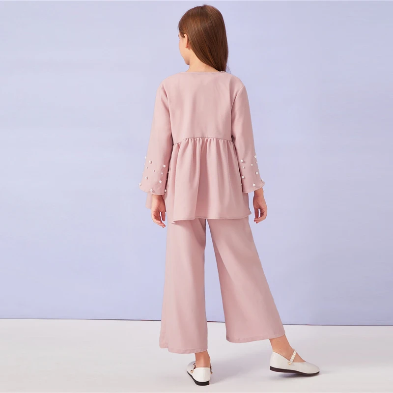 SHEIN Kiddie/розовое пальто с манжетами и широкими штанинами для девочек, комплект детской одежды г., Осенний повседневный костюм с длинными рукавами и оборками