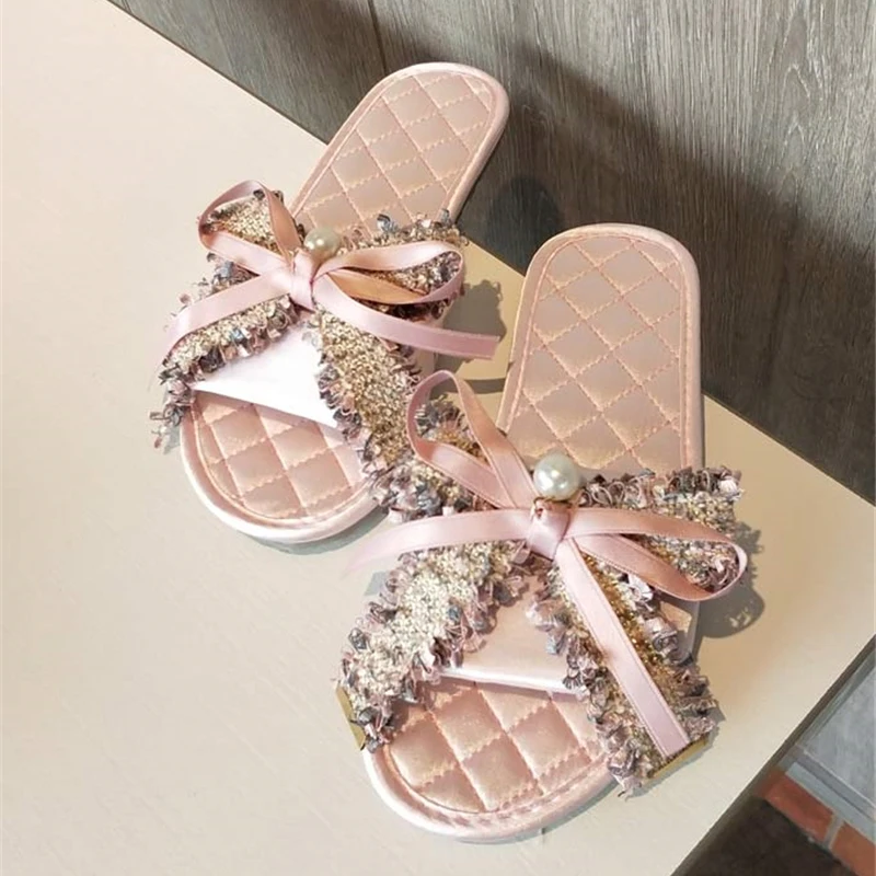 Сланцы женские на плоской подошве сатиновые шлепанцы с бантом Нескользящие