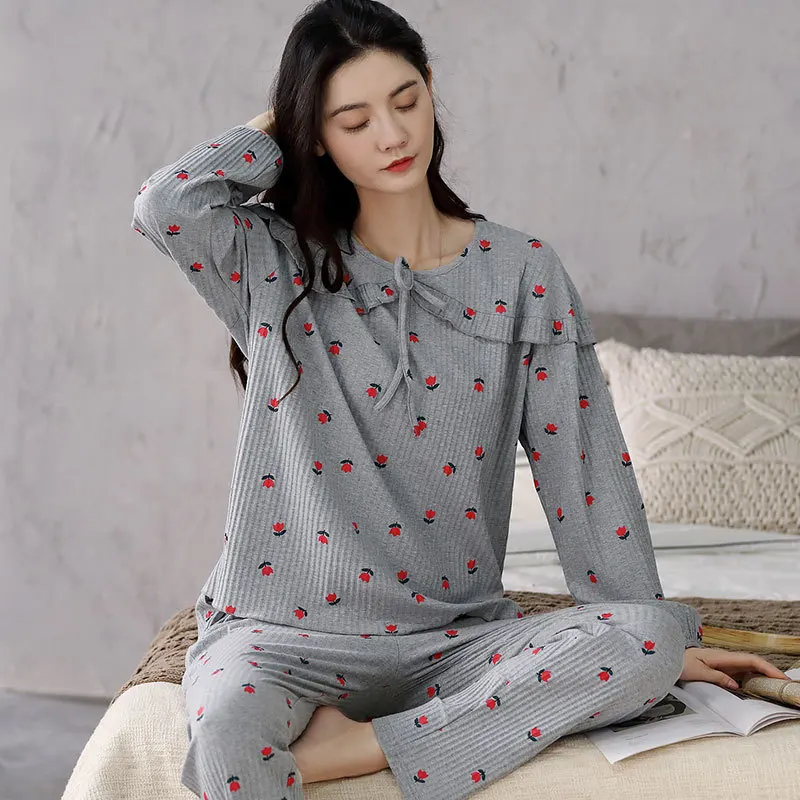 

Nighty Cotton Long-Sleeved Pajamas Women Autumn Sweet Sleepwear Loose Home Wear Suit Casual Bathrobe Comfortable Sexy Nightwear