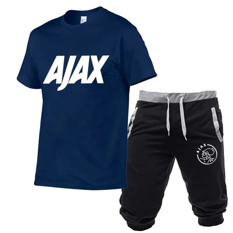 Модные футболки ajax, забавные мужские футболки+ шорты, два предмета, футболки с коротким рукавом, роскошные летние хлопковые футболки - Цвет: Navy