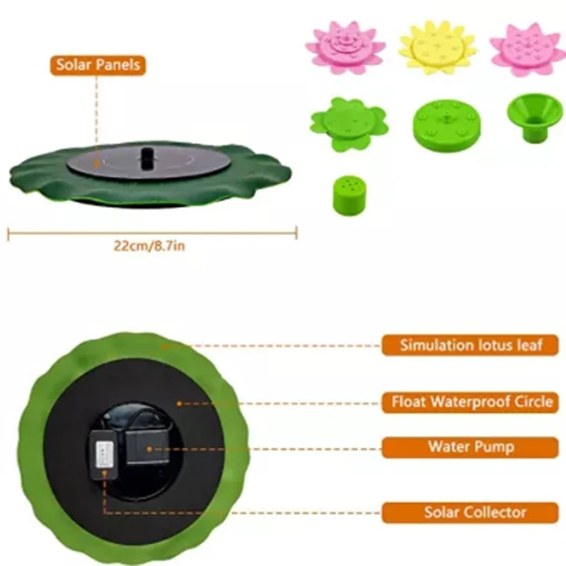 

Lotus Leaf-shaped Solar Fountain 6V/1W Floating Water Pond Garden Pool Pumps with 6 Nozzle for Outdoor Garden 21cm ANDF8