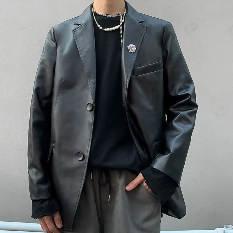 

men's suit collar leather jacket, fashionable Daisy brooch, black/red loose coats, faux fur clothing, size M-L