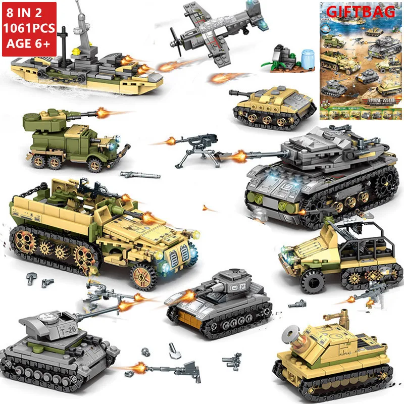 

1061Pcs High-tech Military Iron Empire Tank Building Blocks Sets Weapon War Chariot Creator Bricks Army WW2 Soldiers Kids Toys