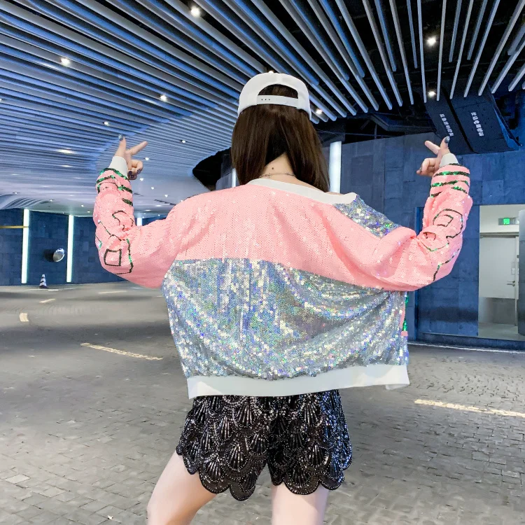 Veste Femme printemps новые блестки с длинным рукавом О-образным вырезом 08 модные куртки с блестками на молнии Женская шикарная Клубная верхняя одежда и пальто