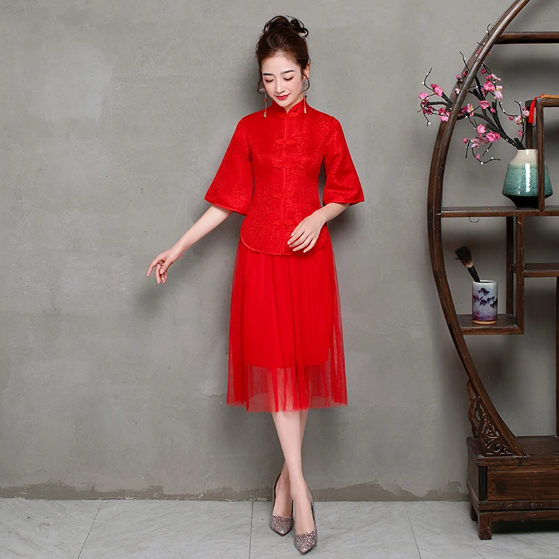 2 шт./компл. элегантные Чай-длина Винтаж традиционный Cheongsam красные платья для