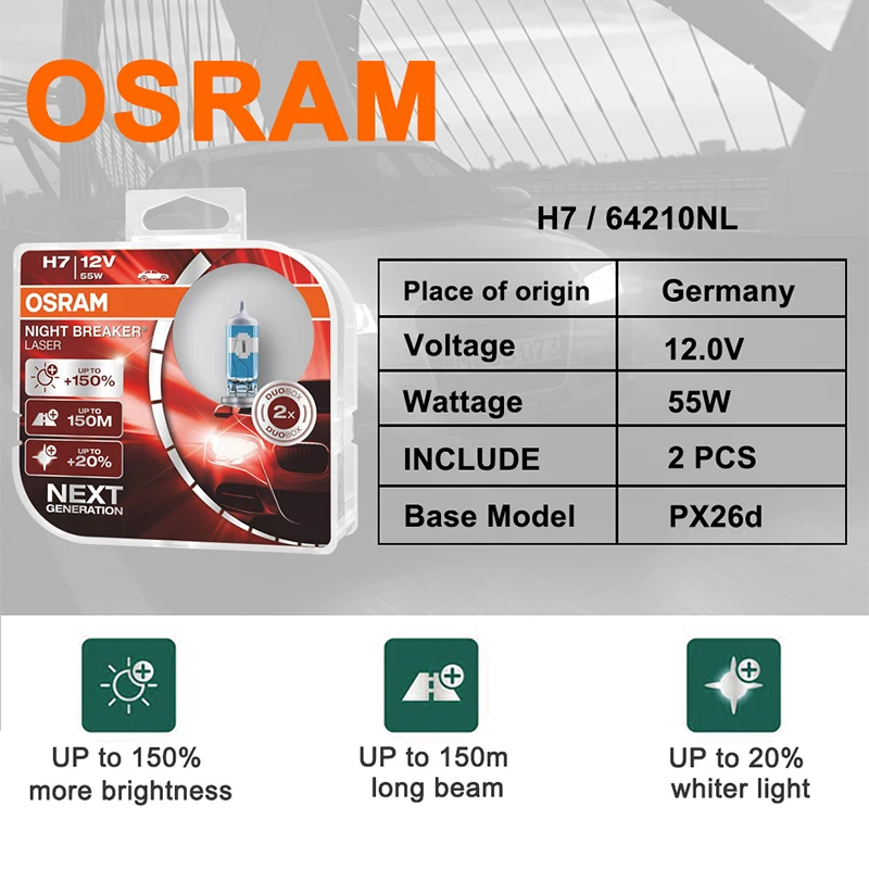 OSRAM Автомобильный свет h7 55 Вт 12 В PX26D 10X2BOX4F дальний ближний 3750 к водонепроницаемый