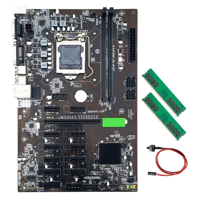 

B250 BTC Mining Motherboard LGA 1151 with 2XDDR4 4GB 2666MHZ RAM +Switch Cable for Support VGA DVI for Miner Mining