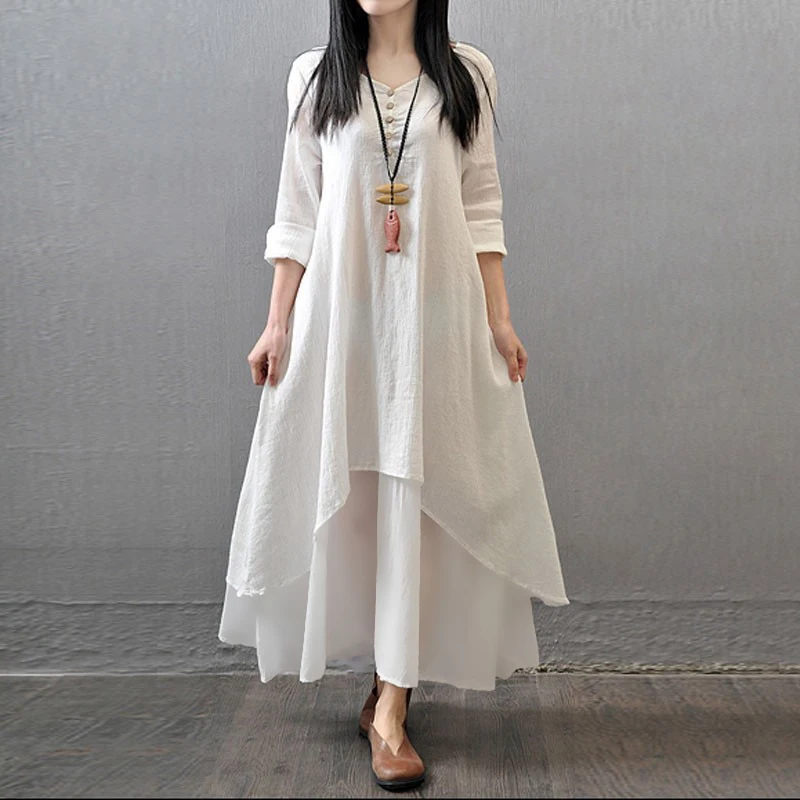 

V-neck Long Sleeve Maxi Long Dress to the Floor 2 Layer Asymmetric Casual Women's Summer Dress robe Plus Size Dresses