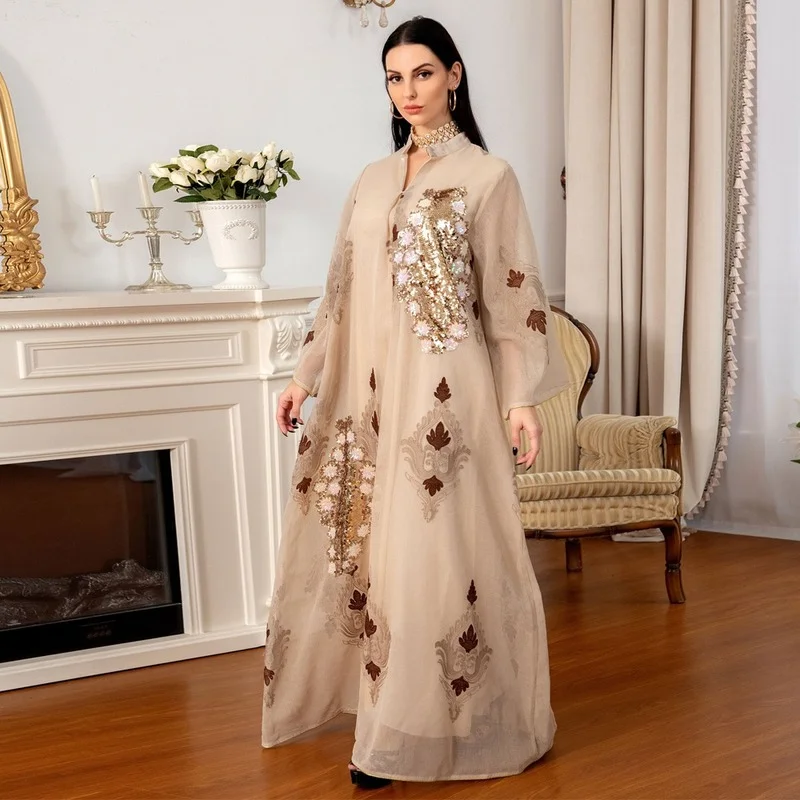Dubai Kaftan Dress Arabic Luxury Fashion Abaya Embroidered Sequin Evening Gowns Muslim Women Islamic Clothing Eid Mubarak