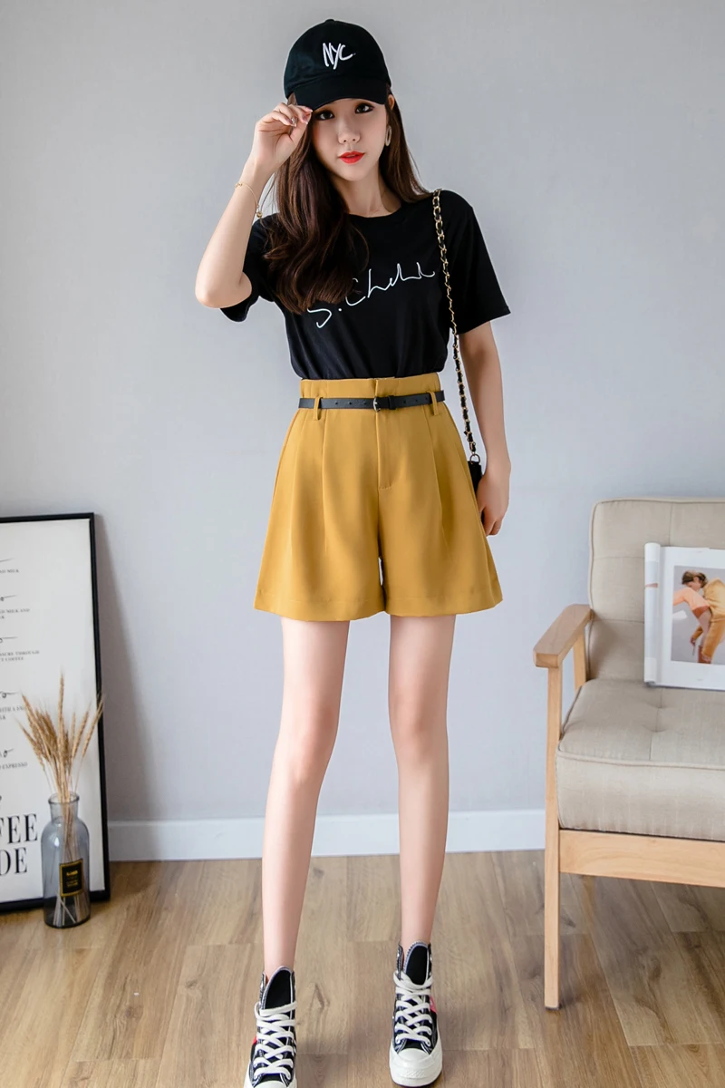 

2021 Summer Shorts Women Pleated High Waist Pockets Wide Leg Thin Elastic Plus Size All-Match Loose Soft Cotton A-line Shorts