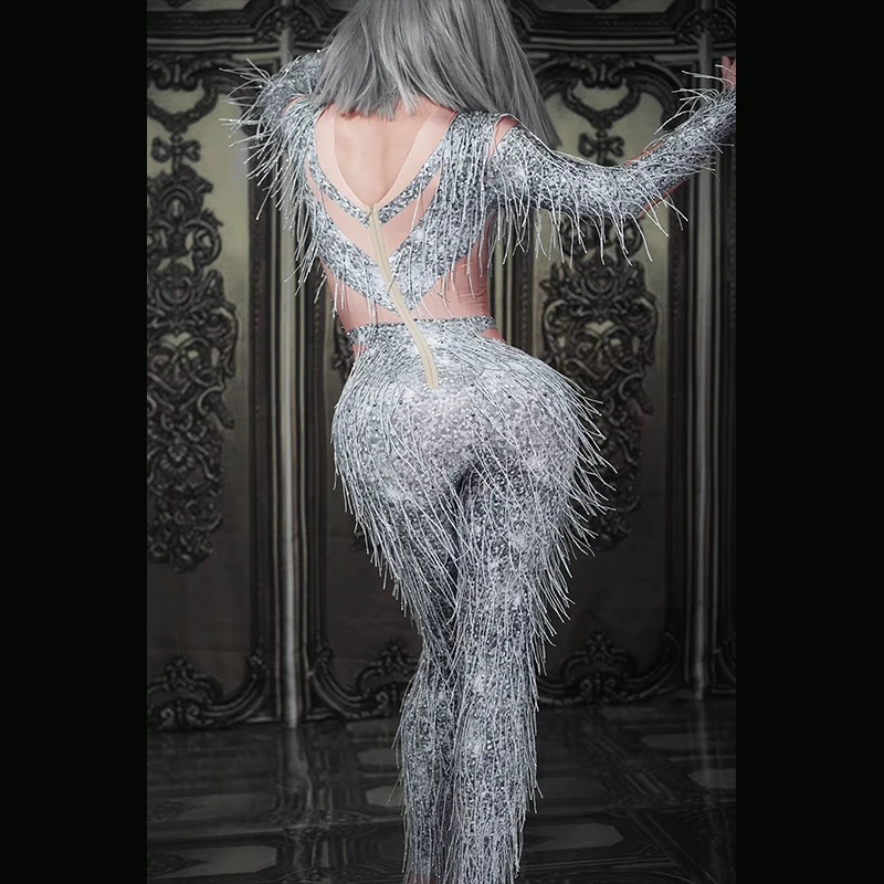 Sparkly Rhinestone Fringe See through Jumpsuit Dance Costume Big Crystals Bodysuit Tassel nightclub Party Stage Wear Sexy Outfit