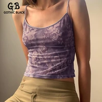 gothblack sexy purple flower print elastic skinny camisole tops 2021 summer women simple sleeveless party streetwear clothing