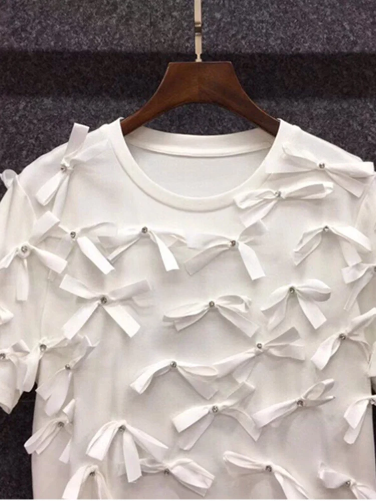 

2021 Summer New Style Nail Diamond Bowknot Loose Casual Round Neck Western Style Pullover T-Shirt Dress