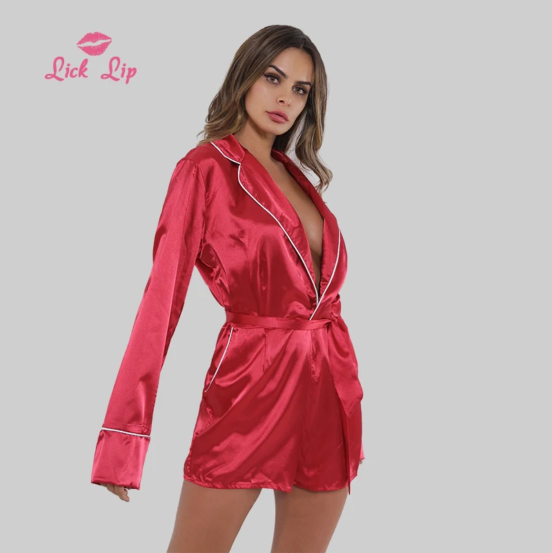 Lick губы Повседневный женский комбинезон халат с длинным рукавом шелковое ночное