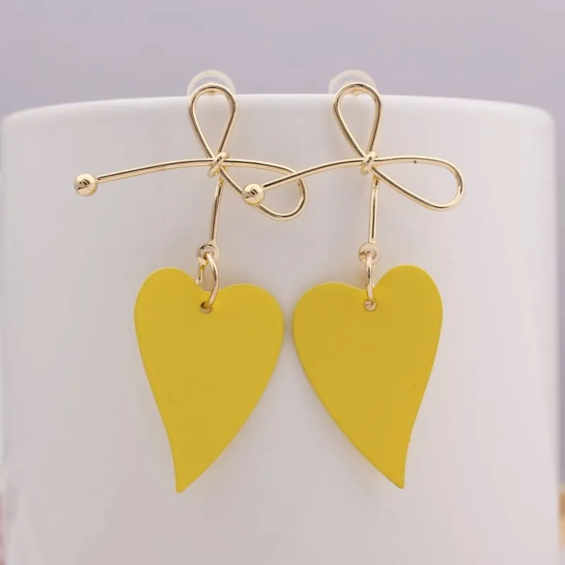 yellow EK553 стиль Золотой цвет большой металлический бант подвесное сердечко серьги для женщин ручной работы сладкие свадебные ювелирные изделия Pendientes подарок - Окраска металла: yellow