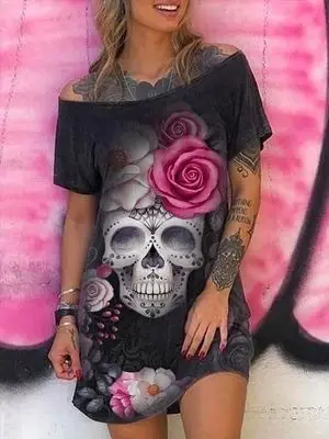 

Skull head coconut finger print short sleeve shoulder T-shirt skirt