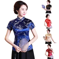 women chinese plum blossom short sleeve stand collar buttons slim blouse shirt