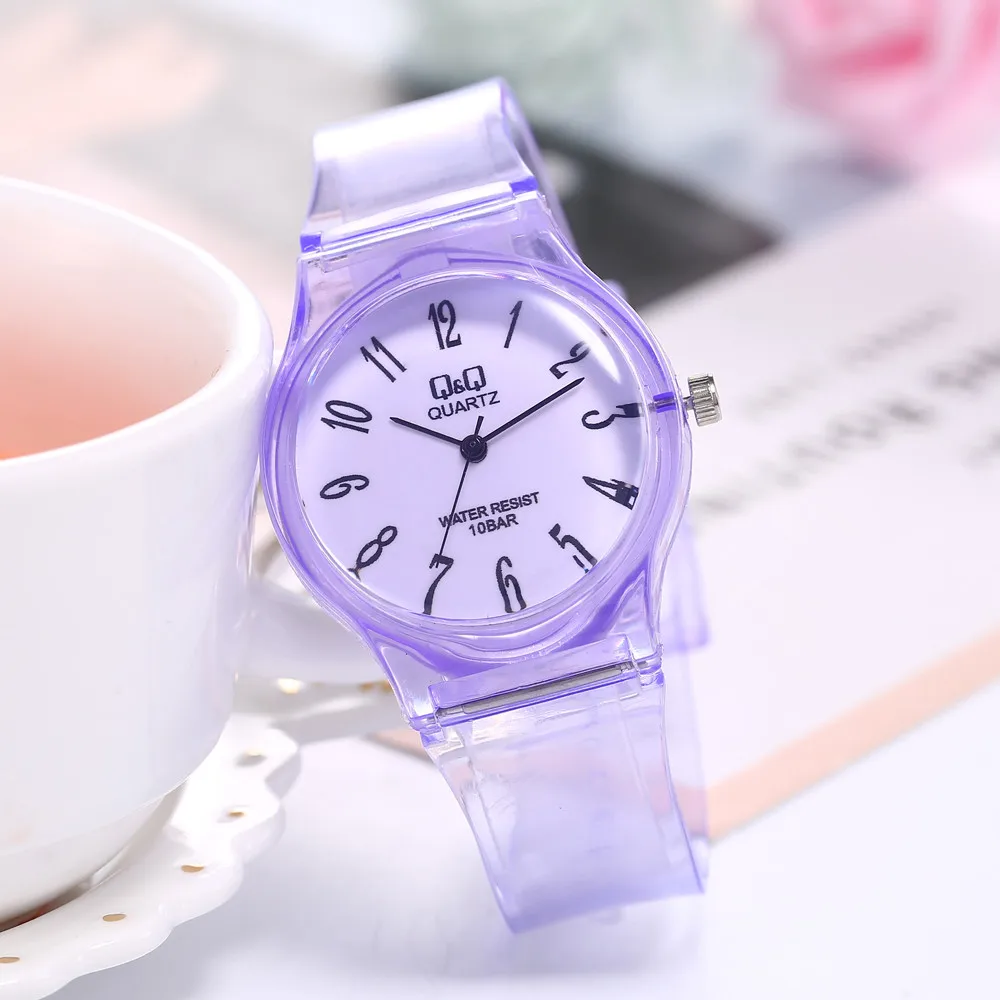 Прозрачные часы QQ студенческие Harajuku чистого цвета деликатная переноска relojes para