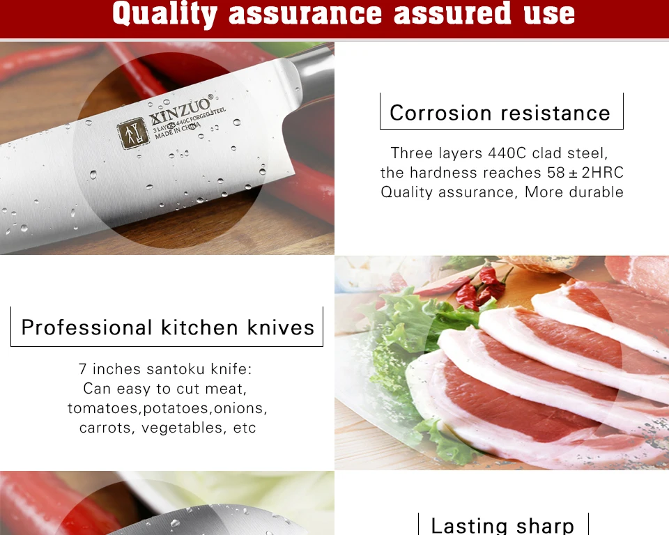 XINZUO 7 ''нож Santoku 3 слоя 440C стальной кухонный нож высокого качества из нержавеющей стали японский нож шеф-повара с ручкой Pakkawood