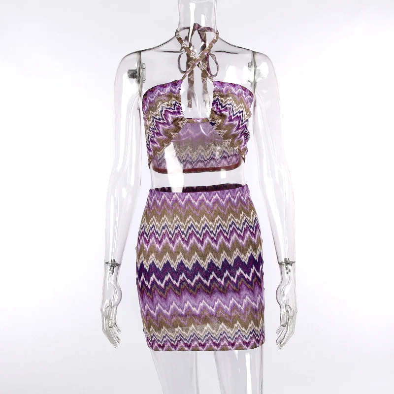 

2021 Elegant Print Mini Skirt Sexy Halter Tube Top Women's 2-Piece Club Party Dress Summer Halter Vest And Skirt Suit Women