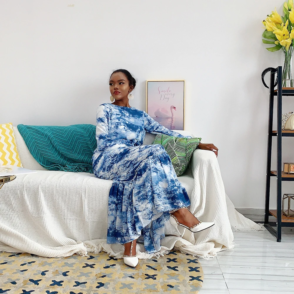 

Arab Jilbab Muslim Women Long Dress Tie Dye Printed Abaya Kaftan Long Sleeve Maxi Robe With Belt Kaftan Ramadan Islamic Fashion