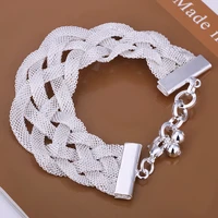 braided silver 925 bracelets for women man mesh wide bracelet bangle link chain wristband brand jewelry bijoux pulseira femme