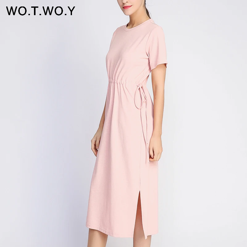 Платье WOTWOY женское длинное с круглым вырезом свободное хлопковое розовое до