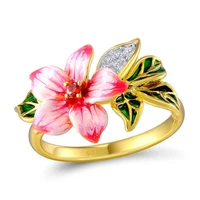 vintage fashion jewelry elegant temperament enamel bloom peach petal flower gold color wedding engagement rings for women