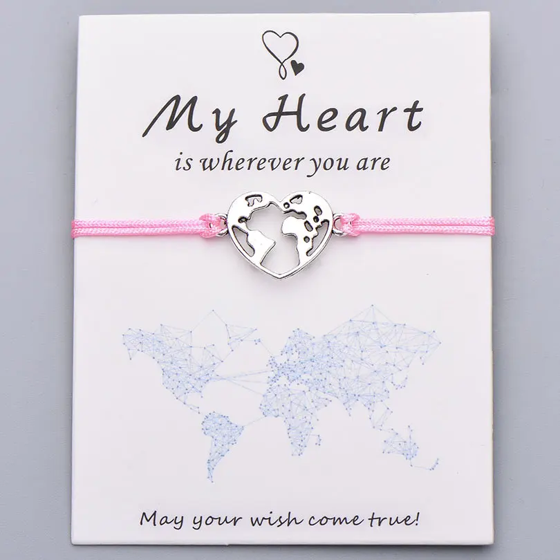 lt pink with card Pipitree Lucky My Heart карта мира браслет ручной работы регулируемая красная струна Очаровательные Браслеты Wish ювелирные изделия подарок для женщин мужчин влюбленных - Окраска металла: lt pink with card